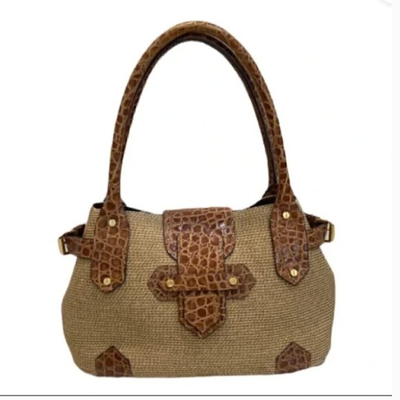 Eric Javits New York Tan Raffia & Leather Reptile Print Shoulder Bag - Picture 1 of 10